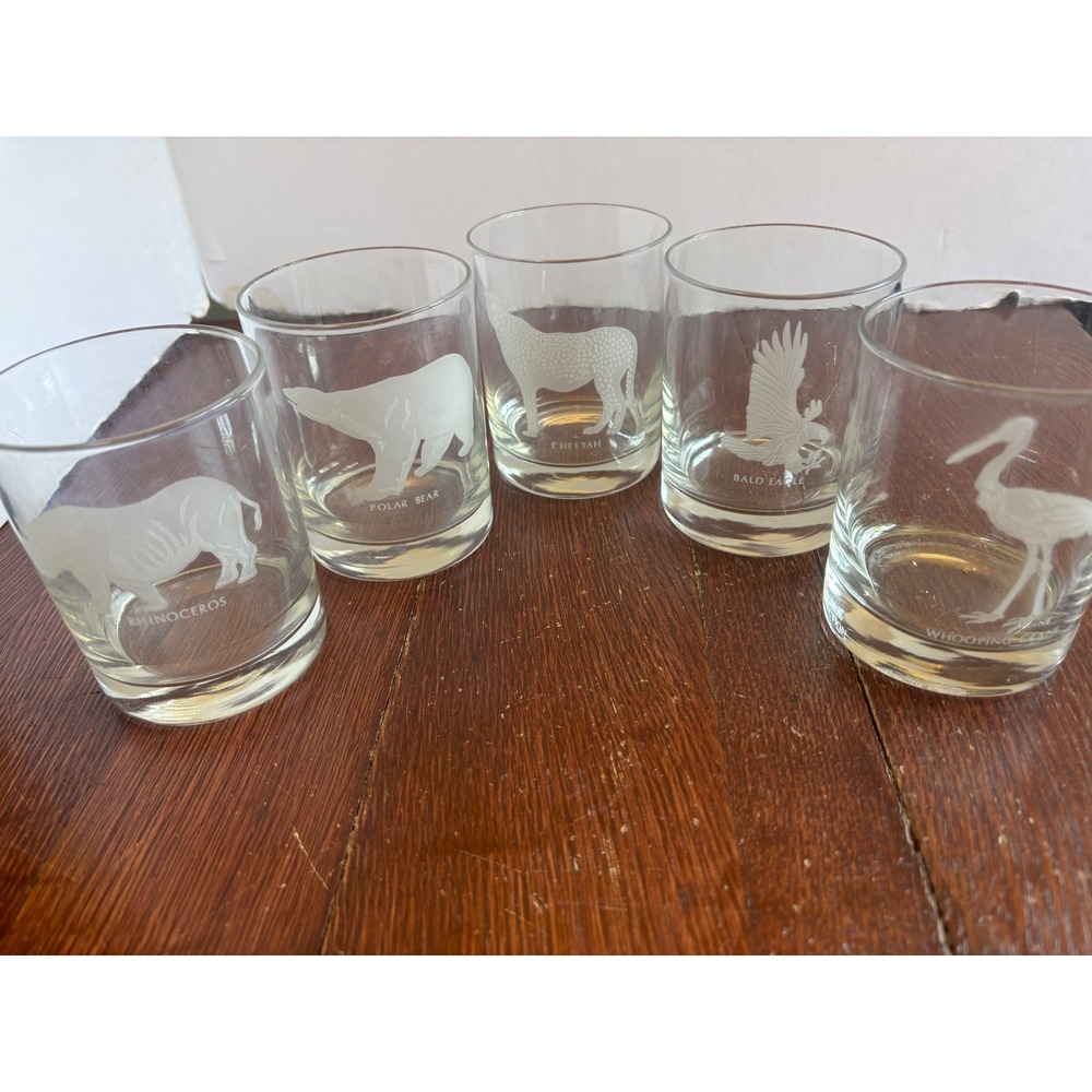 Horchow Collection Wildlife Etched Rocks Glasses Set of 5 Vintage Animal Barware